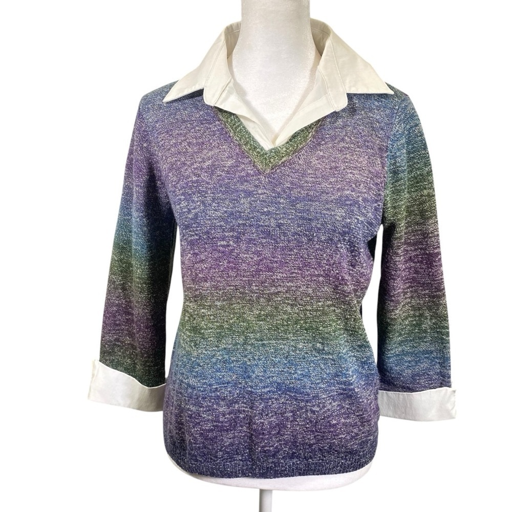 KIM ROGERS Women's size M Petite V-neck knit sweater with inset Collar & Cuffs